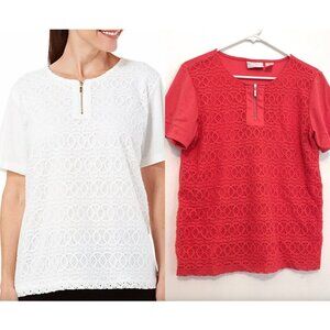 ALFRED DUNNER Coral Red Crochet Lace Overlay 1/4 Zip Zipper Short Sleeve Blouse